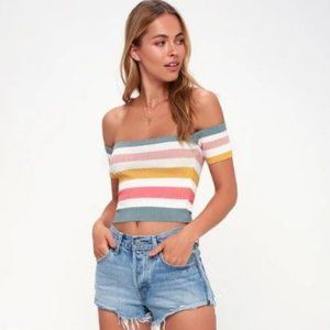 Hot Stuff White Multi Striped Ribbed Off-the-Shoulder Crop Top